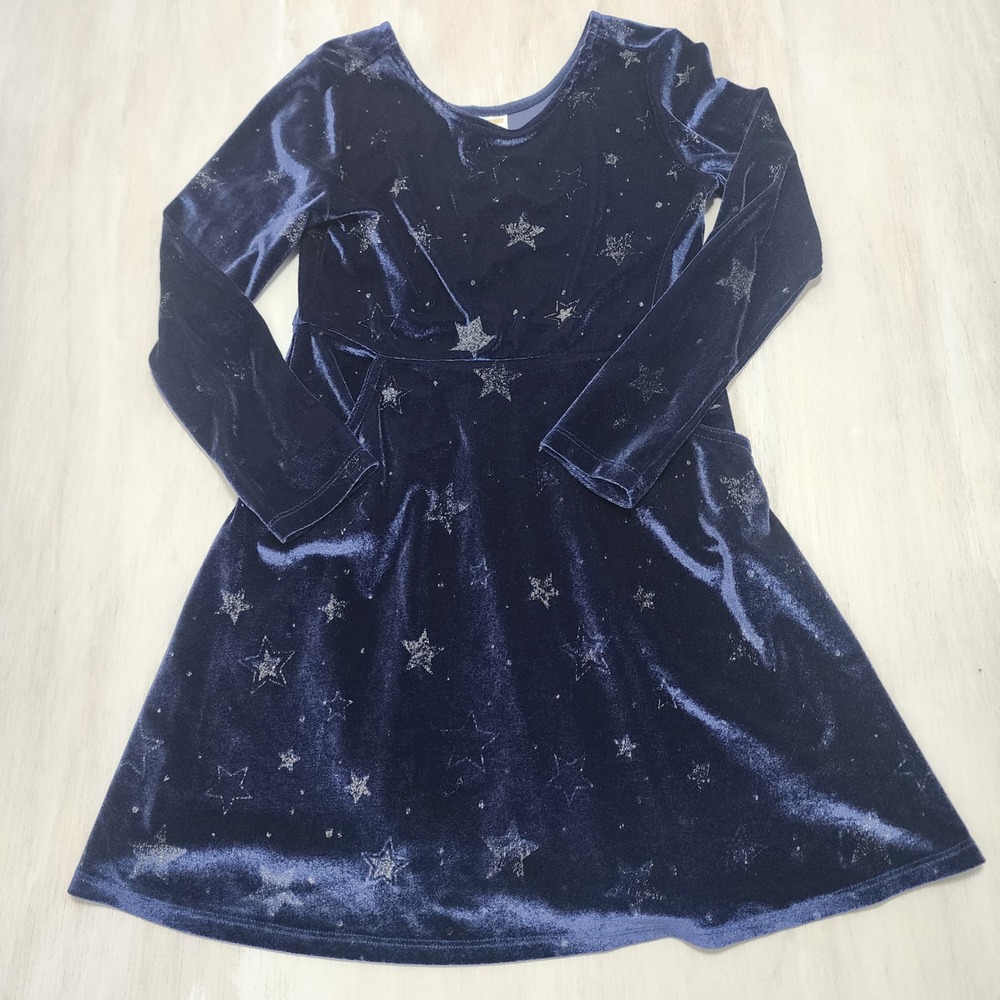 Gymboree Girls Navy Blue Velvet Star Print Long Sleeve Dress Pockets Size M 7-8